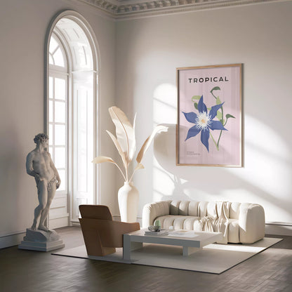 トロピカルブルーフラワーのミニマリストボタニカルアートポスター モダンインテリア
