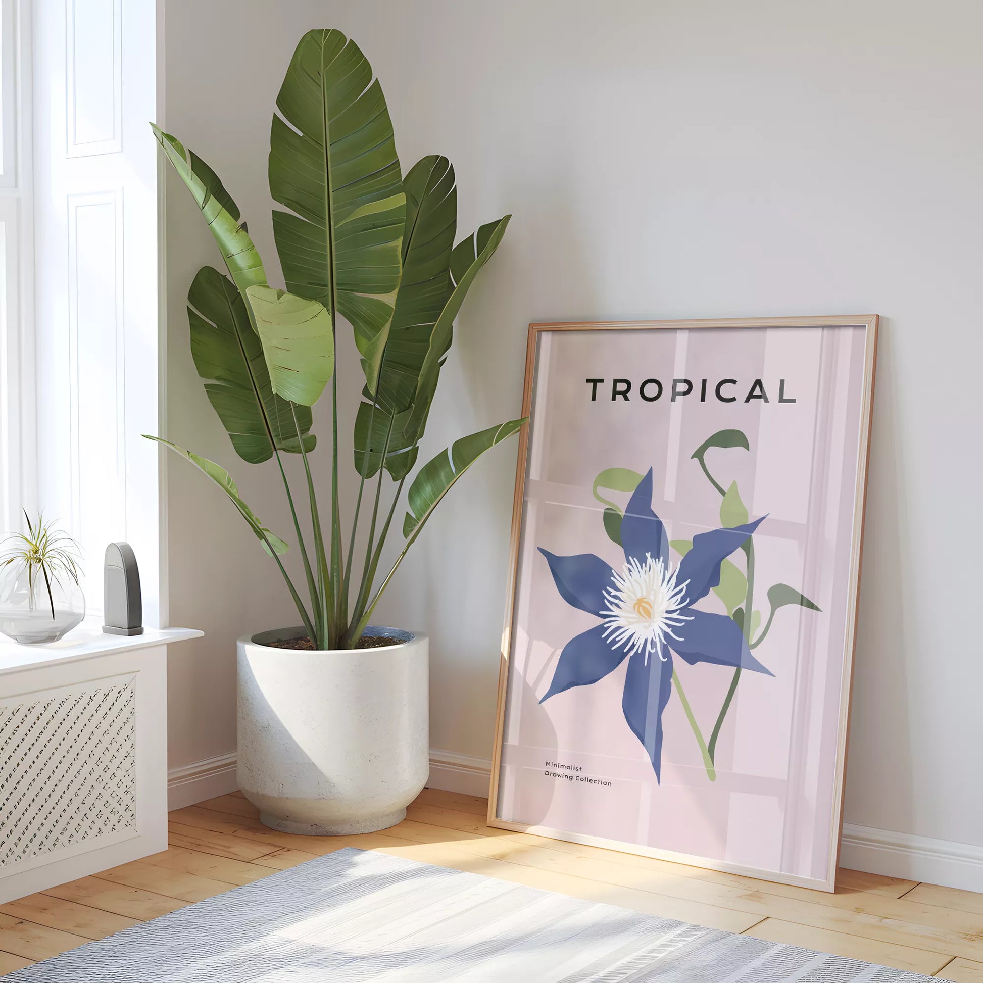 トロピカルブルーフラワーのミニマリストボタニカルアートポスター モダンインテリア