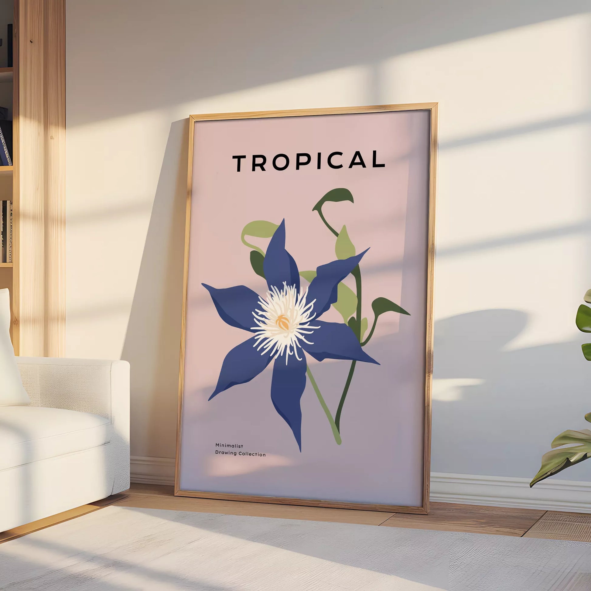 トロピカルブルーフラワーのミニマリストボタニカルアートポスター モダンインテリア
