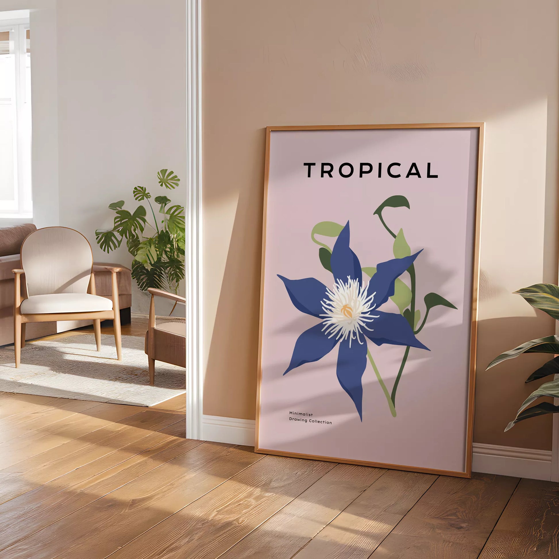 トロピカルブルーフラワーのミニマリストボタニカルアートポスター モダンインテリア