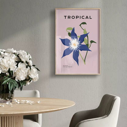 トロピカルブルーフラワーのミニマリストボタニカルアートポスター モダンインテリア