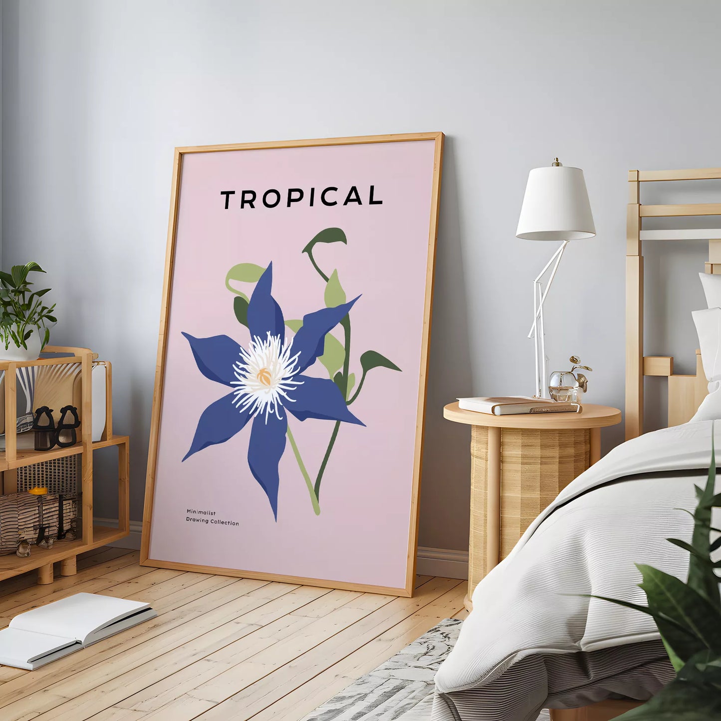 トロピカルブルーフラワーのミニマリストボタニカルアートポスター モダンインテリア
