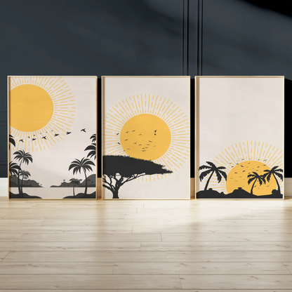 トロピカルサンセットとパームツリーのシルエットアートポスター 北欧モダンインテリア 3枚セット
