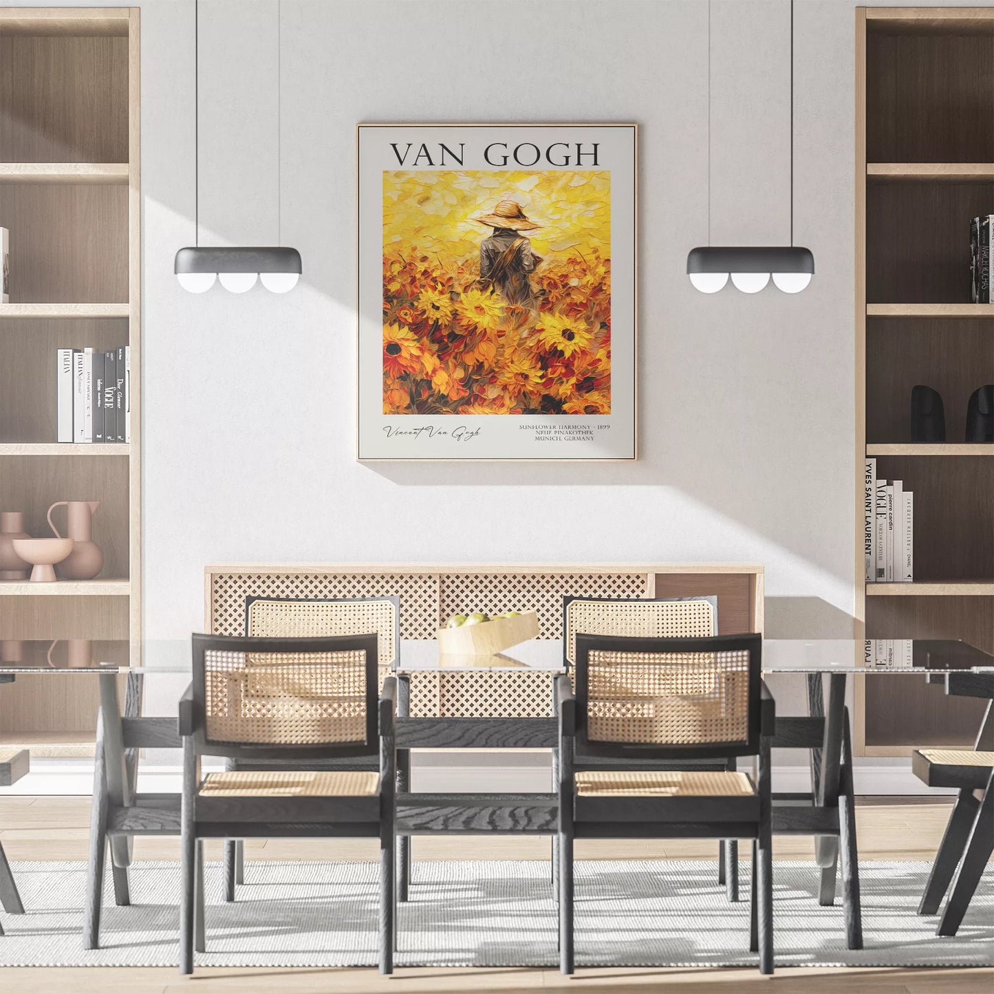  ひまわり畑の中で麦わら帽子をかぶった人物のゴッホ風アートポスター