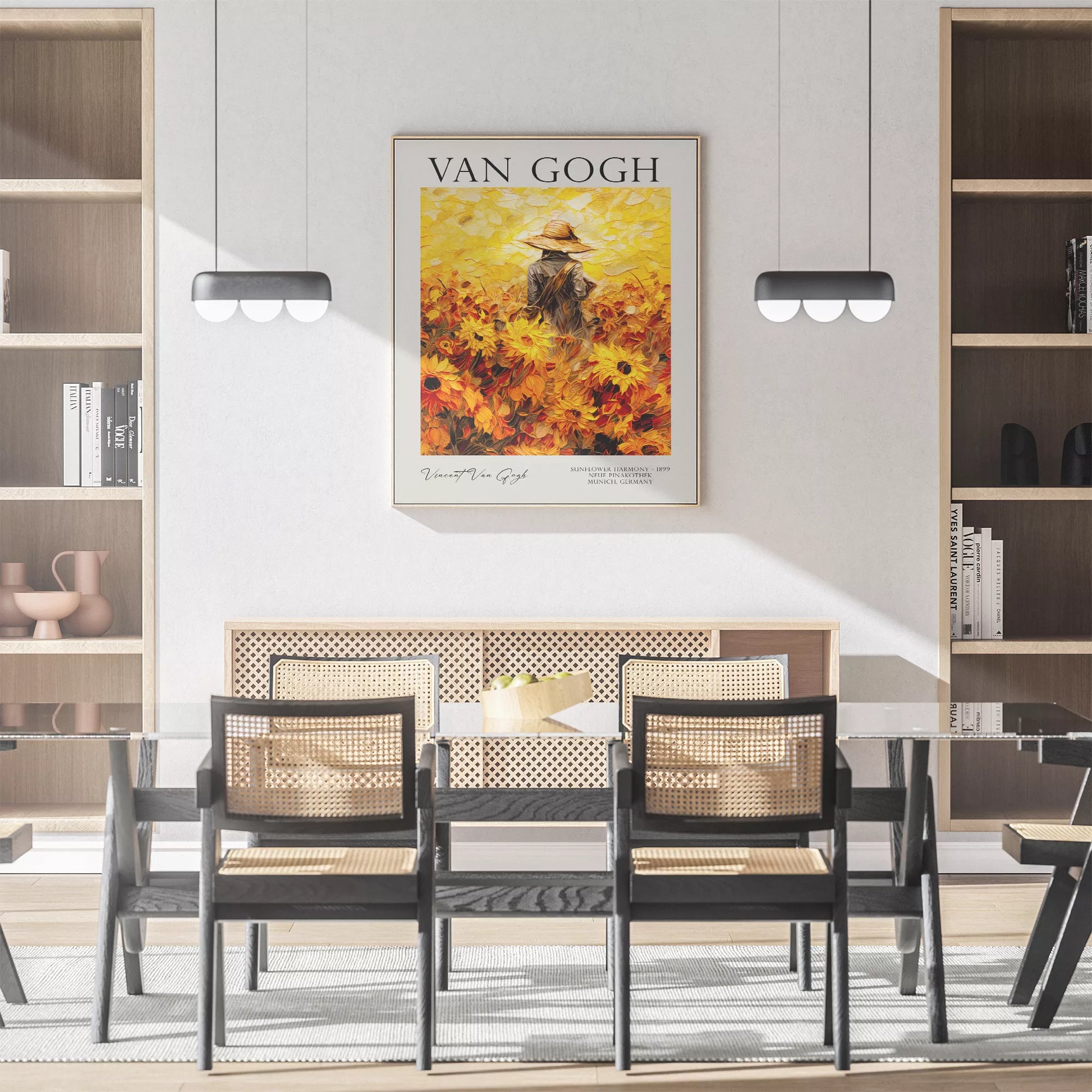  ひまわり畑の中で麦わら帽子をかぶった人物のゴッホ風アートポスター