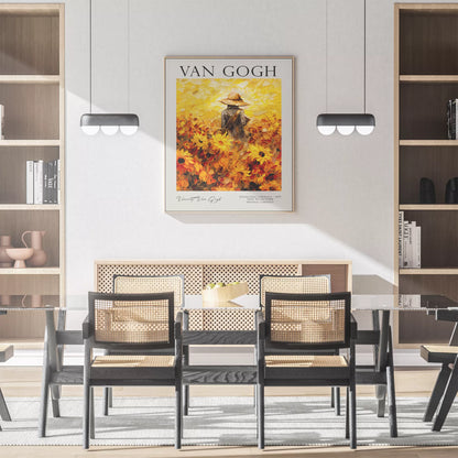  ひまわり畑の中で麦わら帽子をかぶった人物のゴッホ風アートポスター