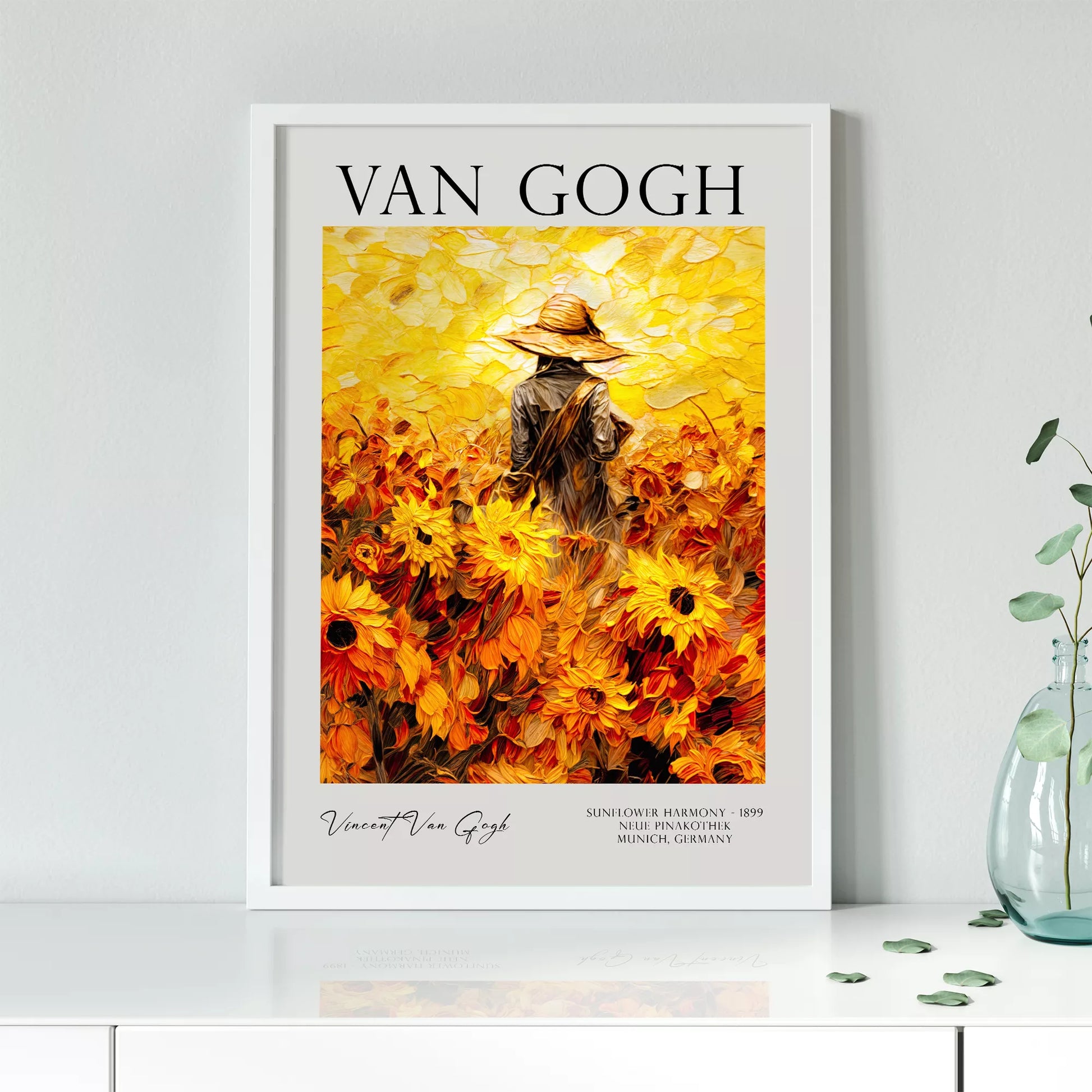  ひまわり畑の中で麦わら帽子をかぶった人物のゴッホ風アートポスター