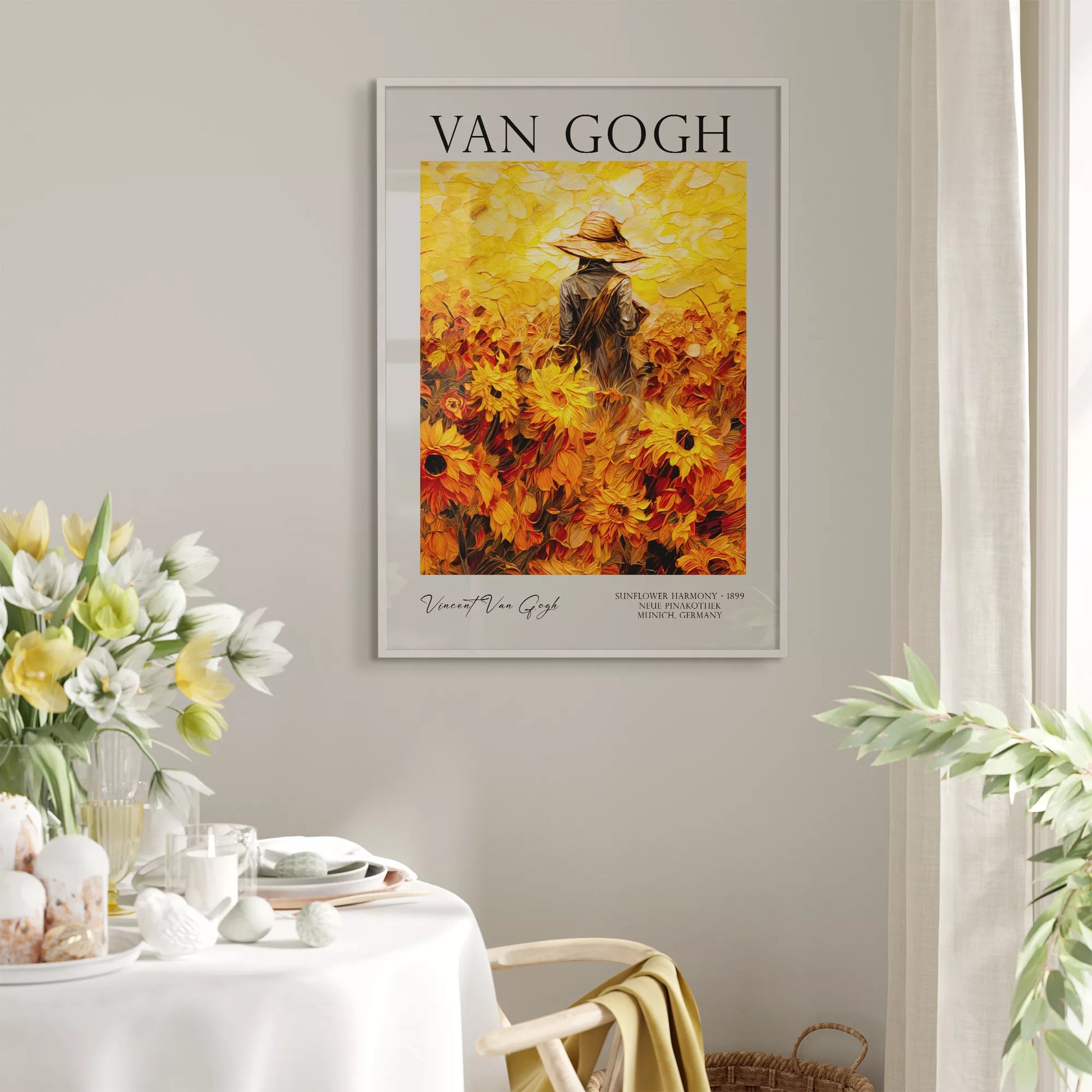  ひまわり畑の中で麦わら帽子をかぶった人物のゴッホ風アートポスター