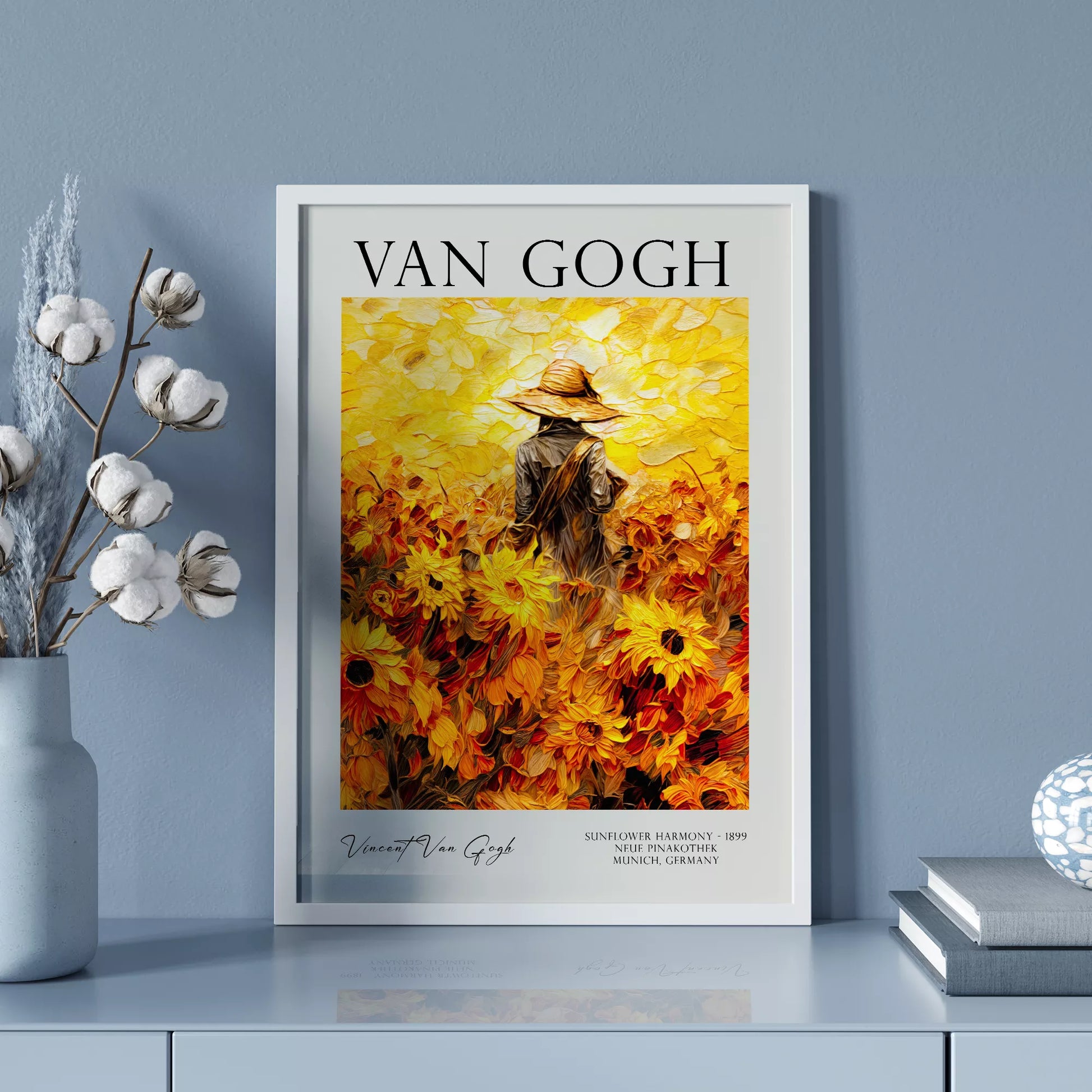  ひまわり畑の中で麦わら帽子をかぶった人物のゴッホ風アートポスター