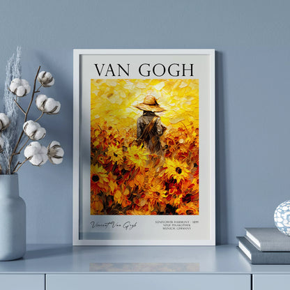  ひまわり畑の中で麦わら帽子をかぶった人物のゴッホ風アートポスター
