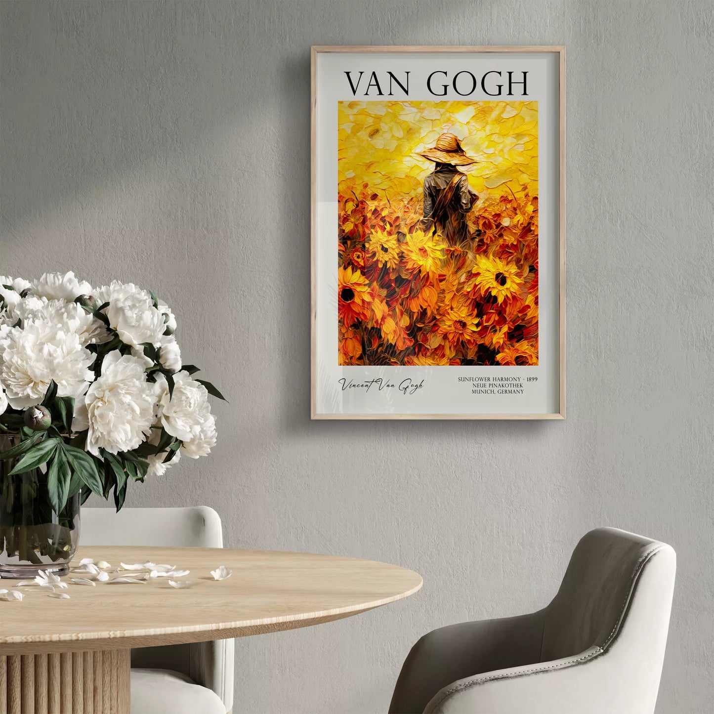  ひまわり畑の中で麦わら帽子をかぶった人物のゴッホ風アートポスター