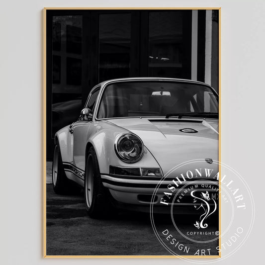 クラシックポルシェ911のモノクロームアート写真、フロント側から撮影