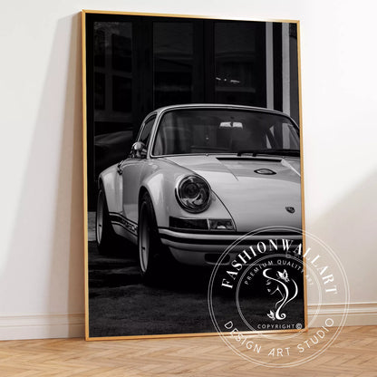 クラシックポルシェ911のモノクロームアート写真、フロント側から撮影