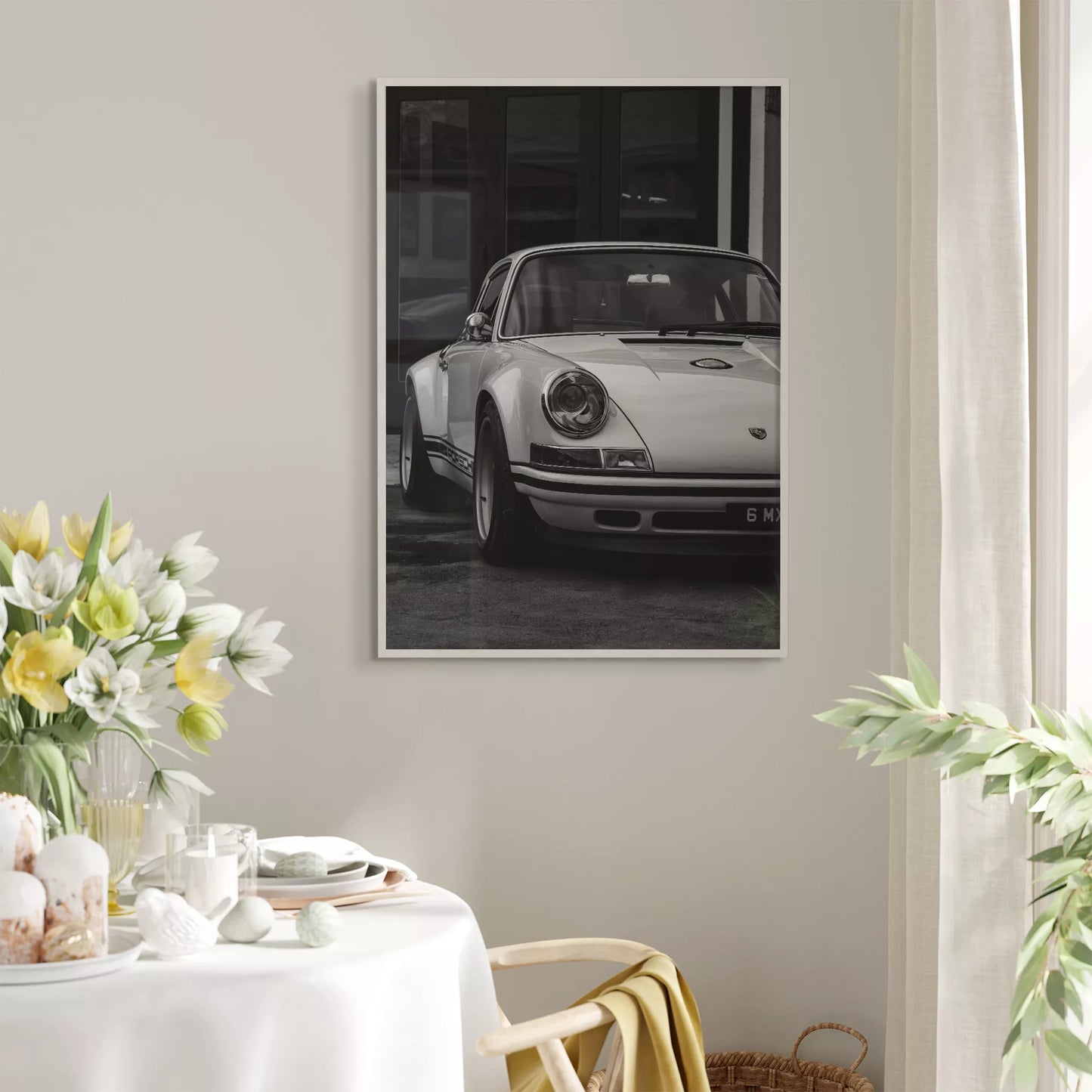 クラシックポルシェ911のモノクロームアート写真、フロント側から撮影
