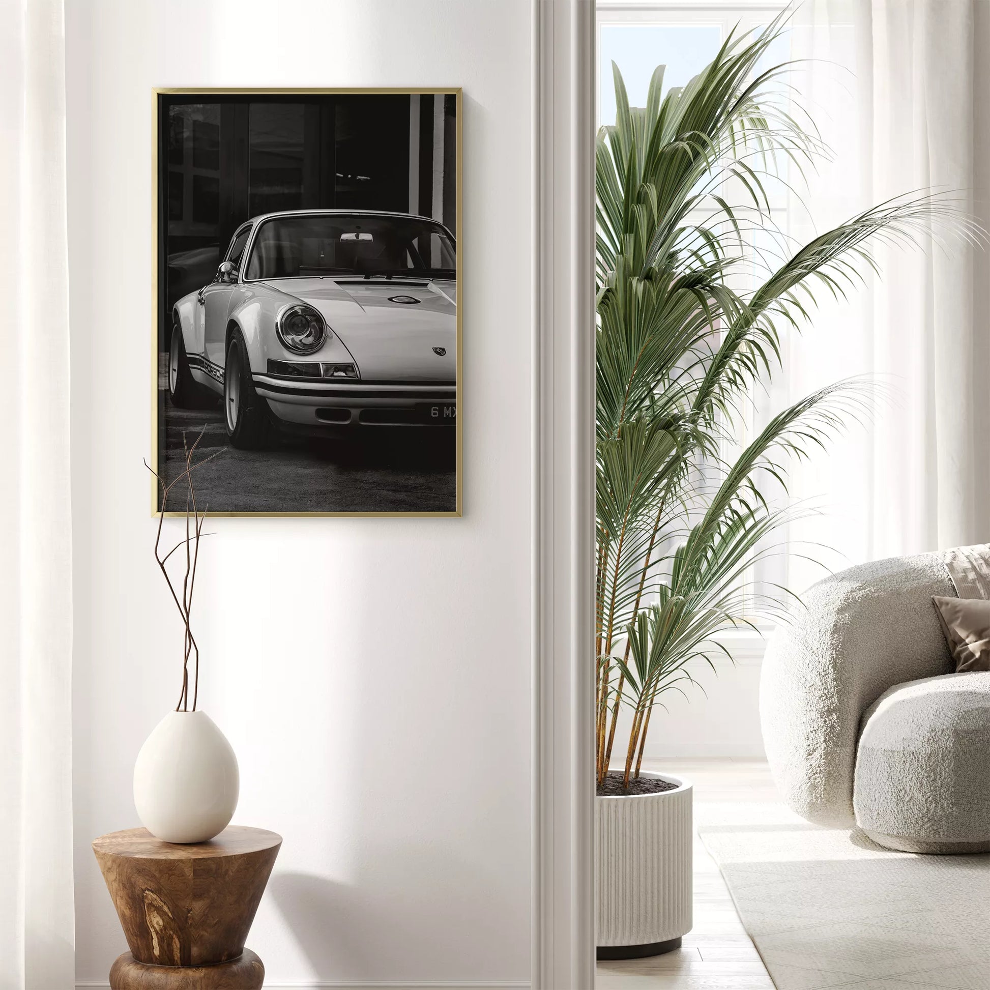 クラシックポルシェ911のモノクロームアート写真、フロント側から撮影