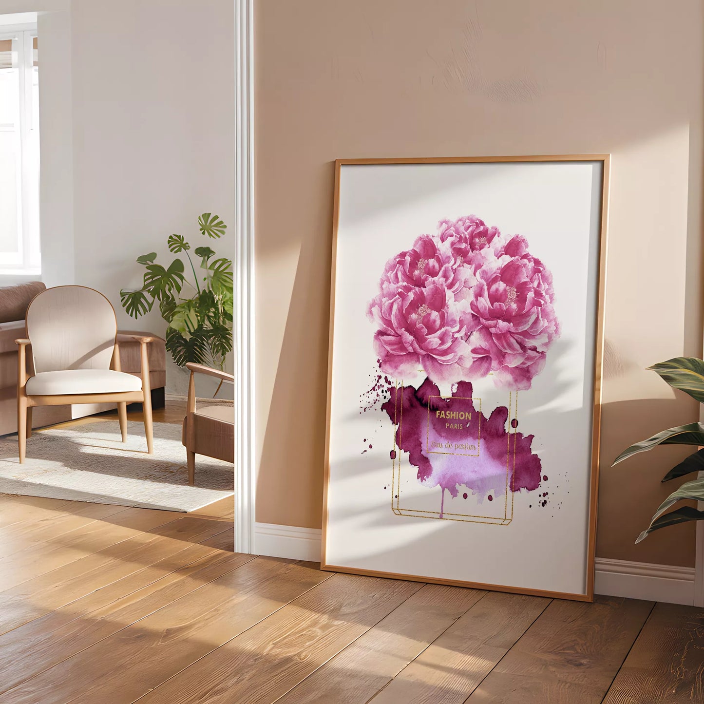 水彩ピンクパープル香水花ポスター ファッションアート 北欧デザイン