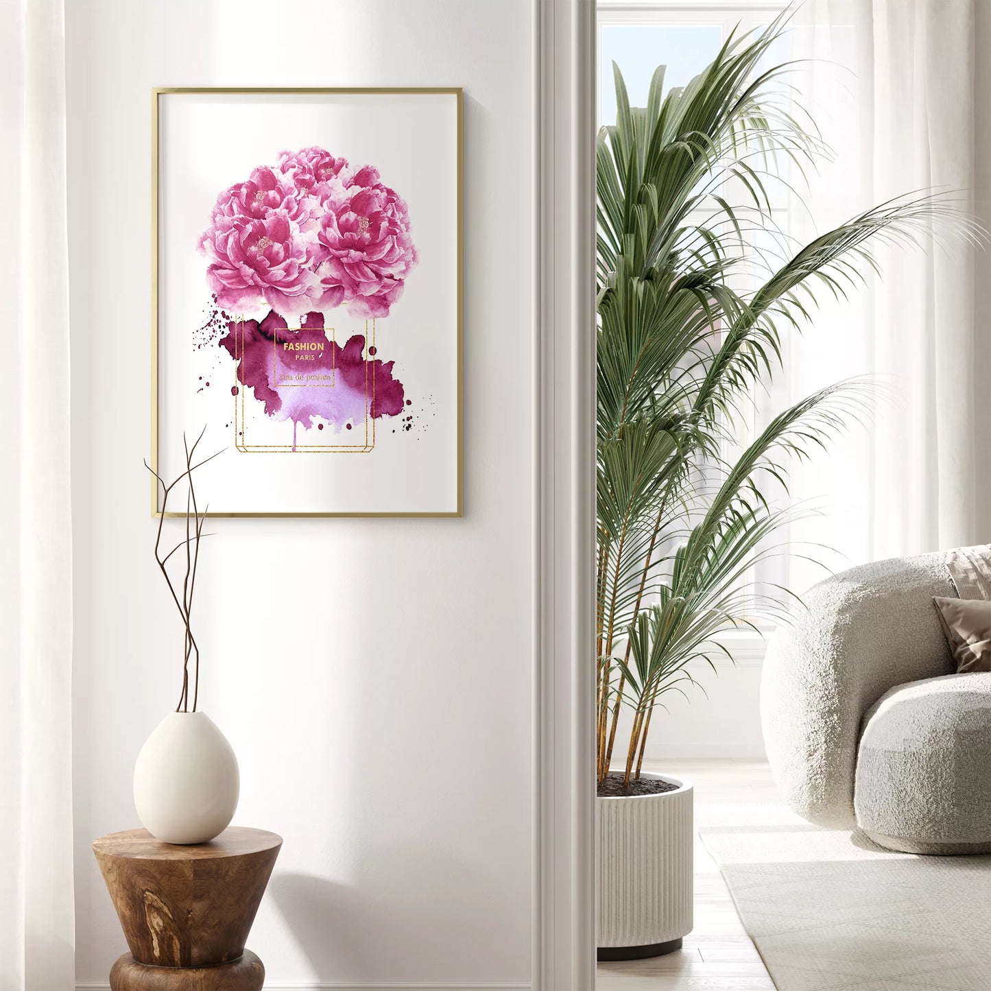 水彩ピンクパープル香水花ポスター ファッションアート 北欧デザイン