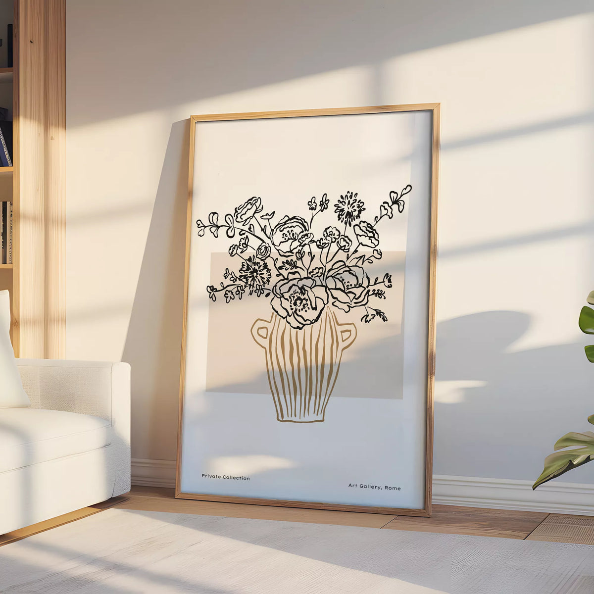 日差しが差し込む窓辺の木製の台に飾った、花と縞模様の花瓶のラインアートポスター