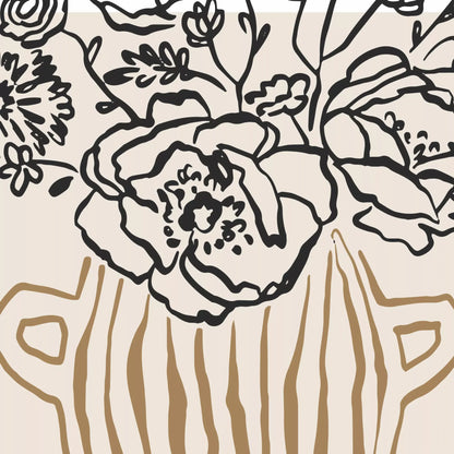 花びらや葉を描く黒い線と、黄土色の縞模様の花瓶を拡大したポスター図柄の詳細