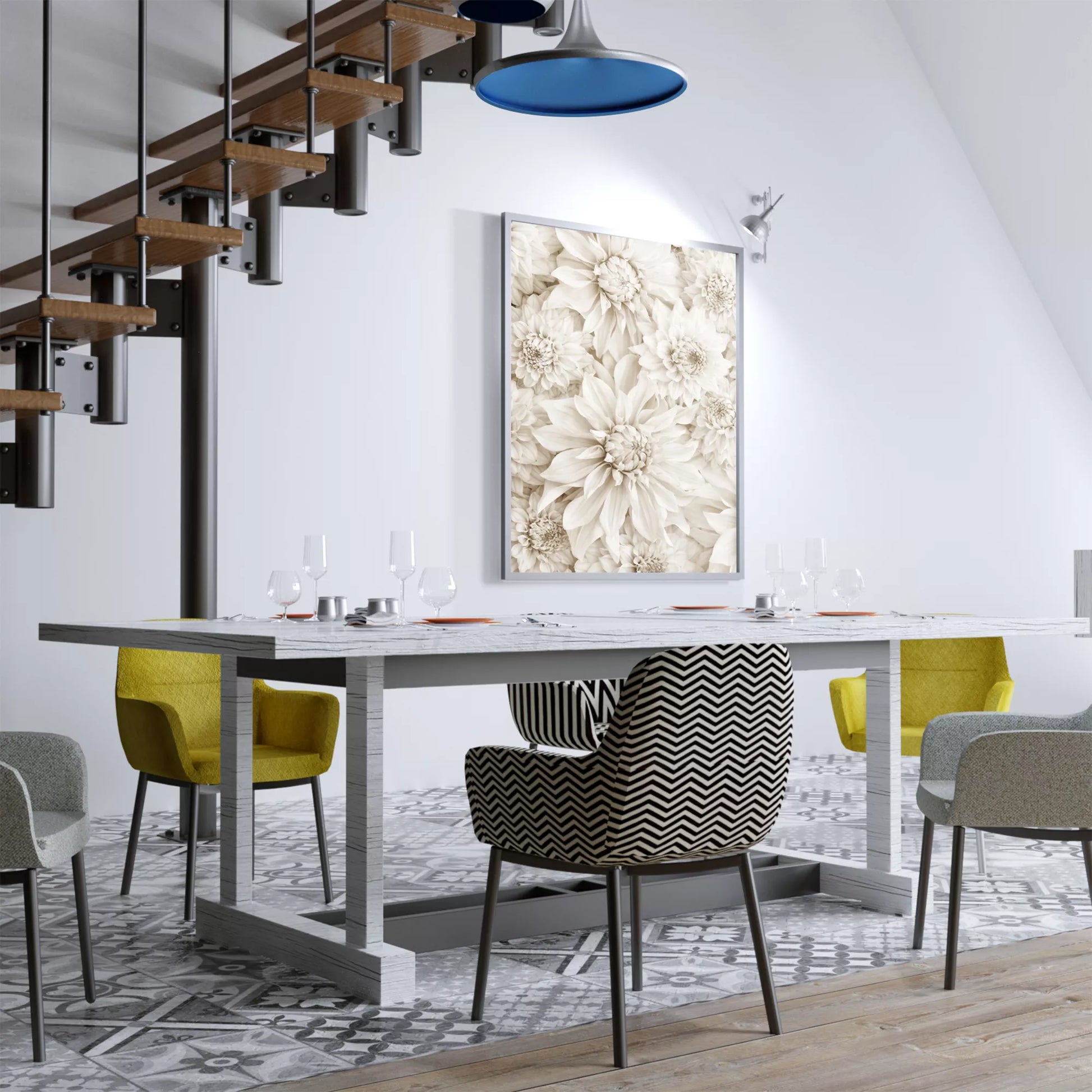 純白のダリアの花々が織りなす優雅なボタニカルアート