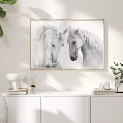 白いキャビネットの上の壁に飾った、2頭の白馬を描くモノクロの写真風ポスター