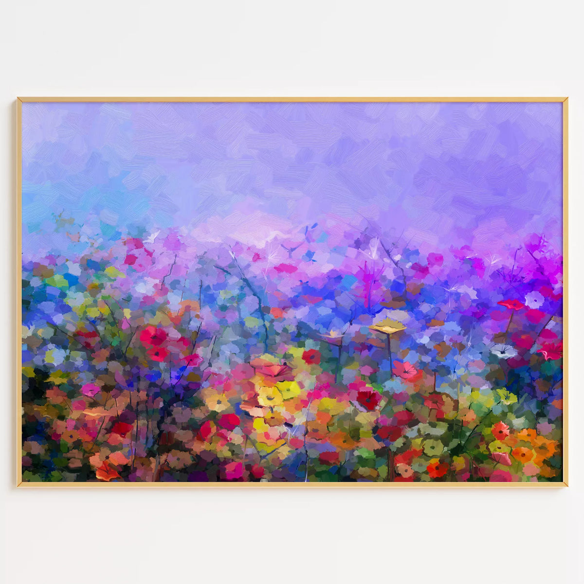 紫の背景と色とりどりの草花が広がる、油彩風アートポスターの全体像
