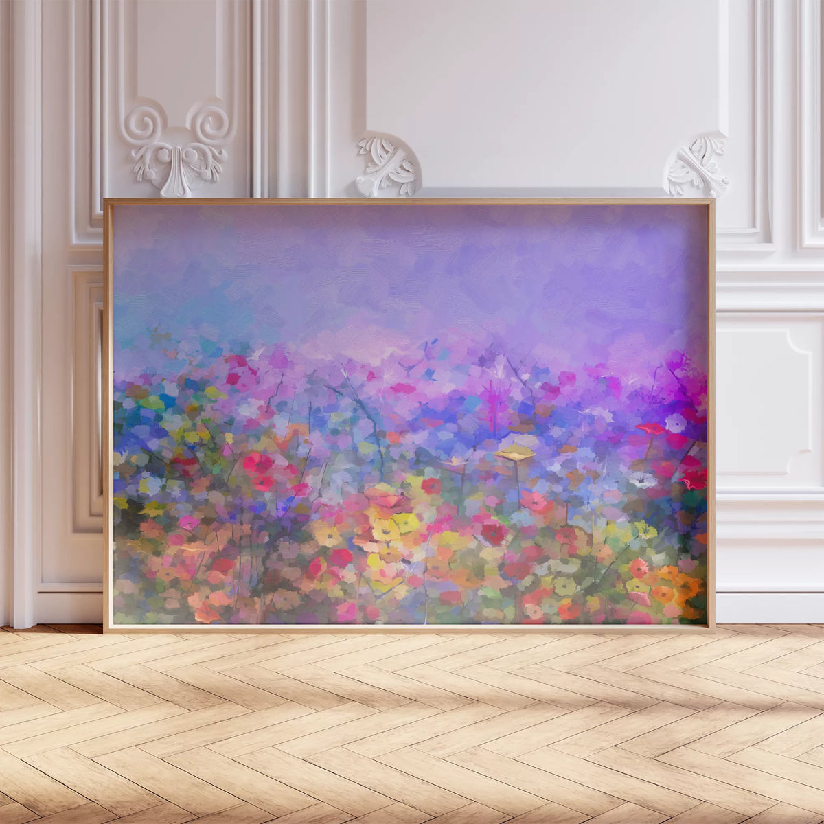 紫とピンクの花畑に黄色や赤の花が広がる、横長の油彩風アートポスター