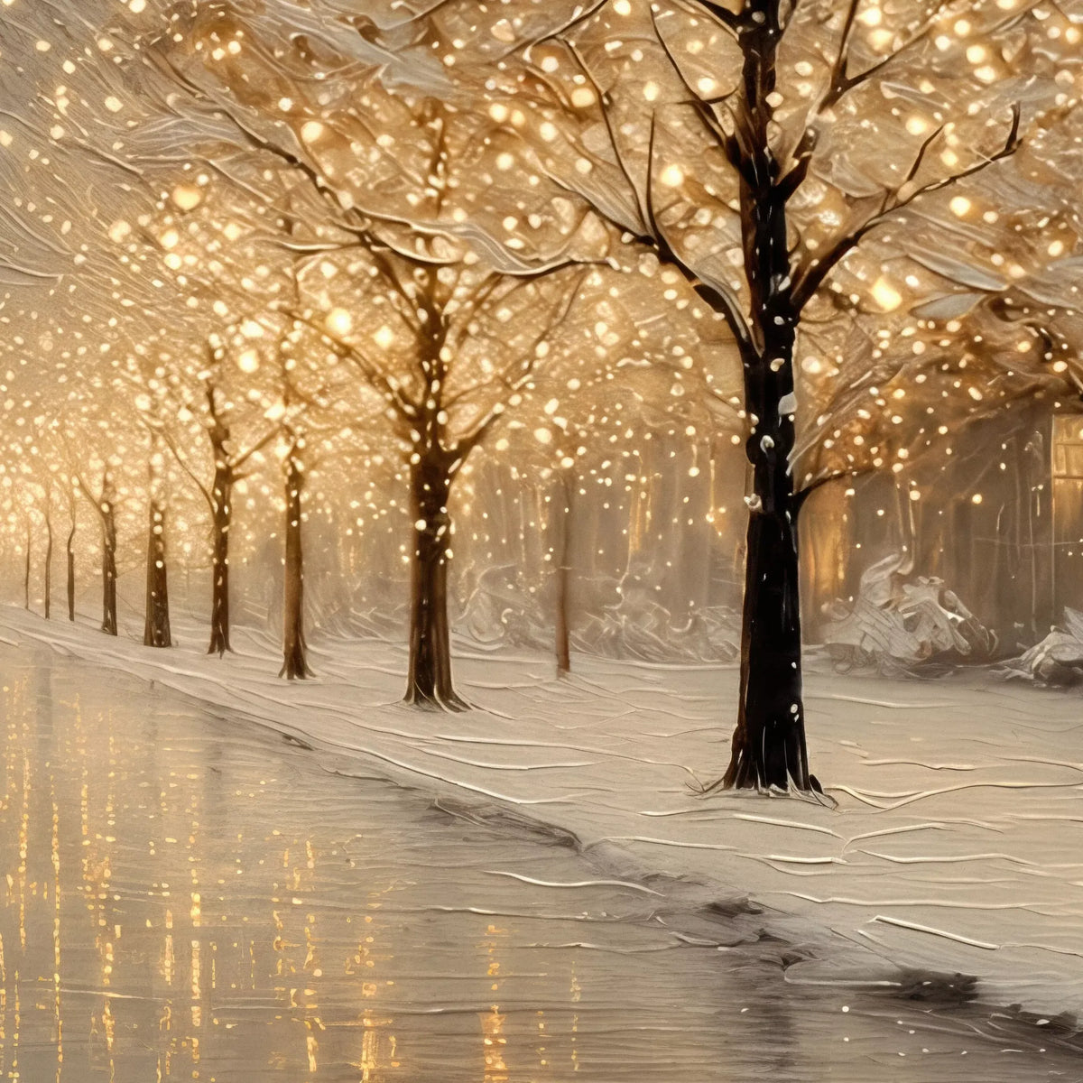 雪をまとった並木と琥珀色のイルミネーション、道に映る光を描いた冬の風景の拡大