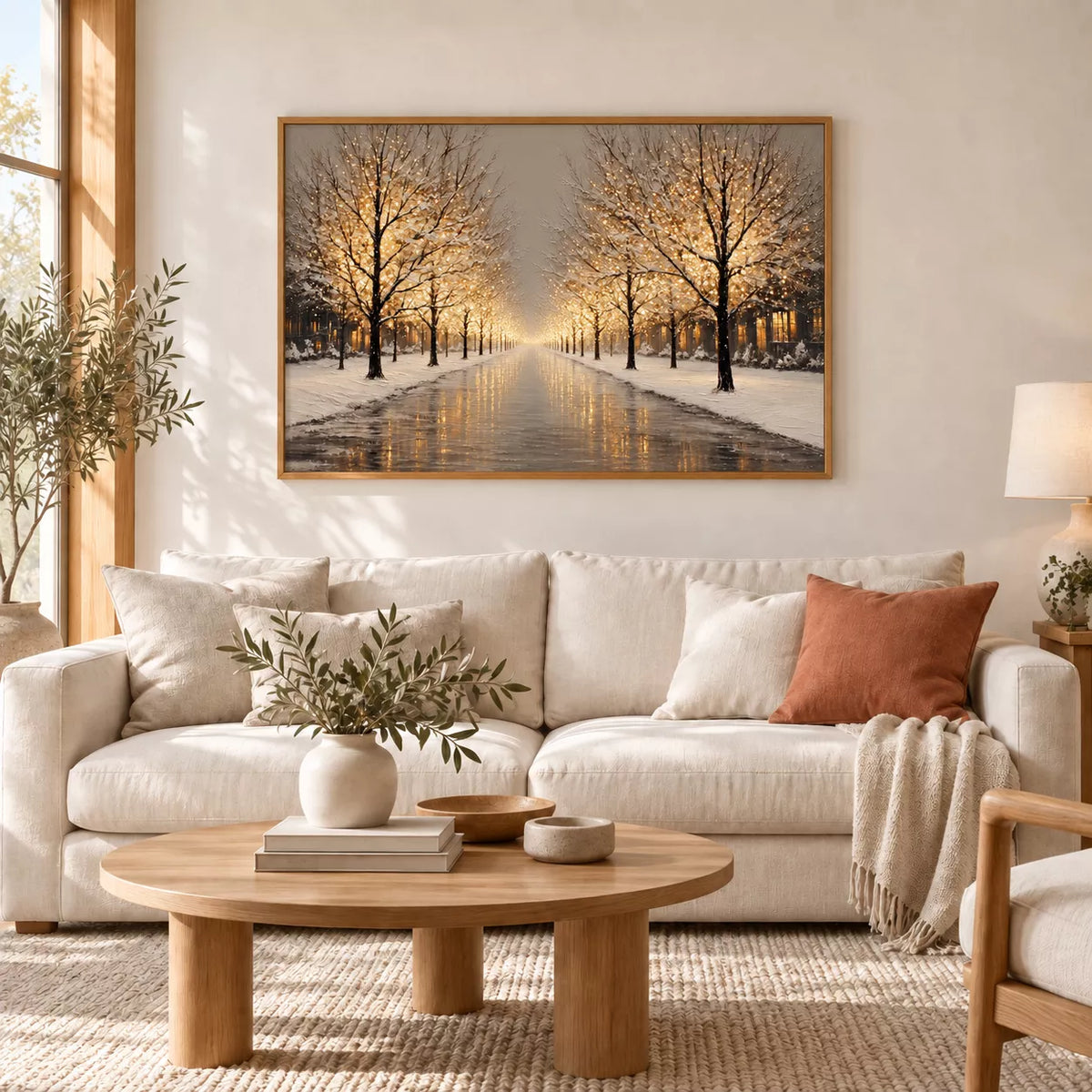白いソファの上に雪景色と琥珀色の灯りを描いた風景ポスターを飾ったリビング