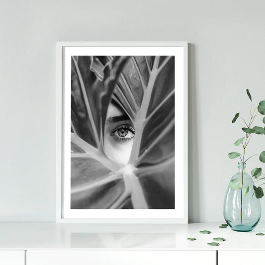 Veiled Vision: Beauty Behind the Leaf, designer fashion print.