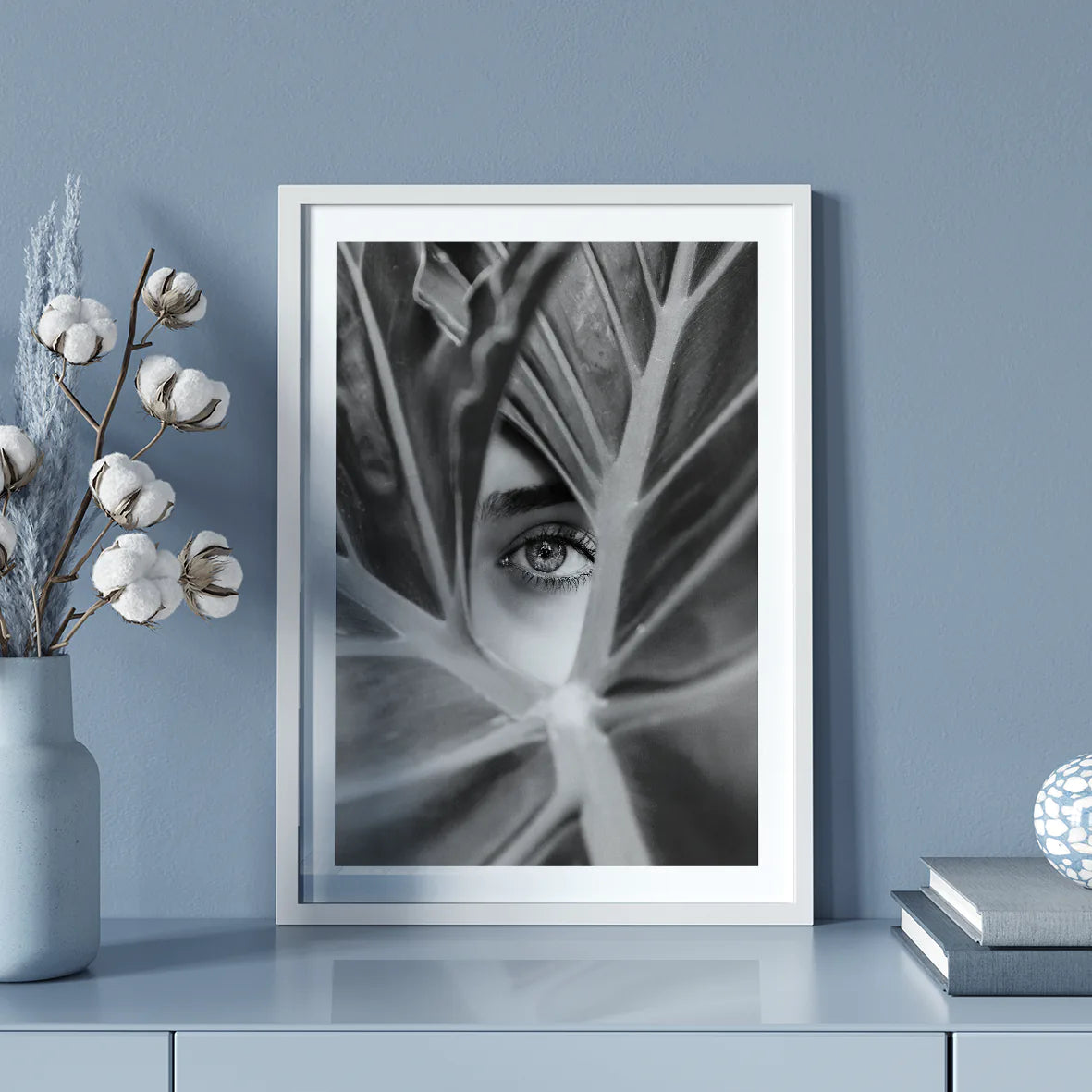 Veiled Vision: Beauty Behind the Leaf, designer fashion print.