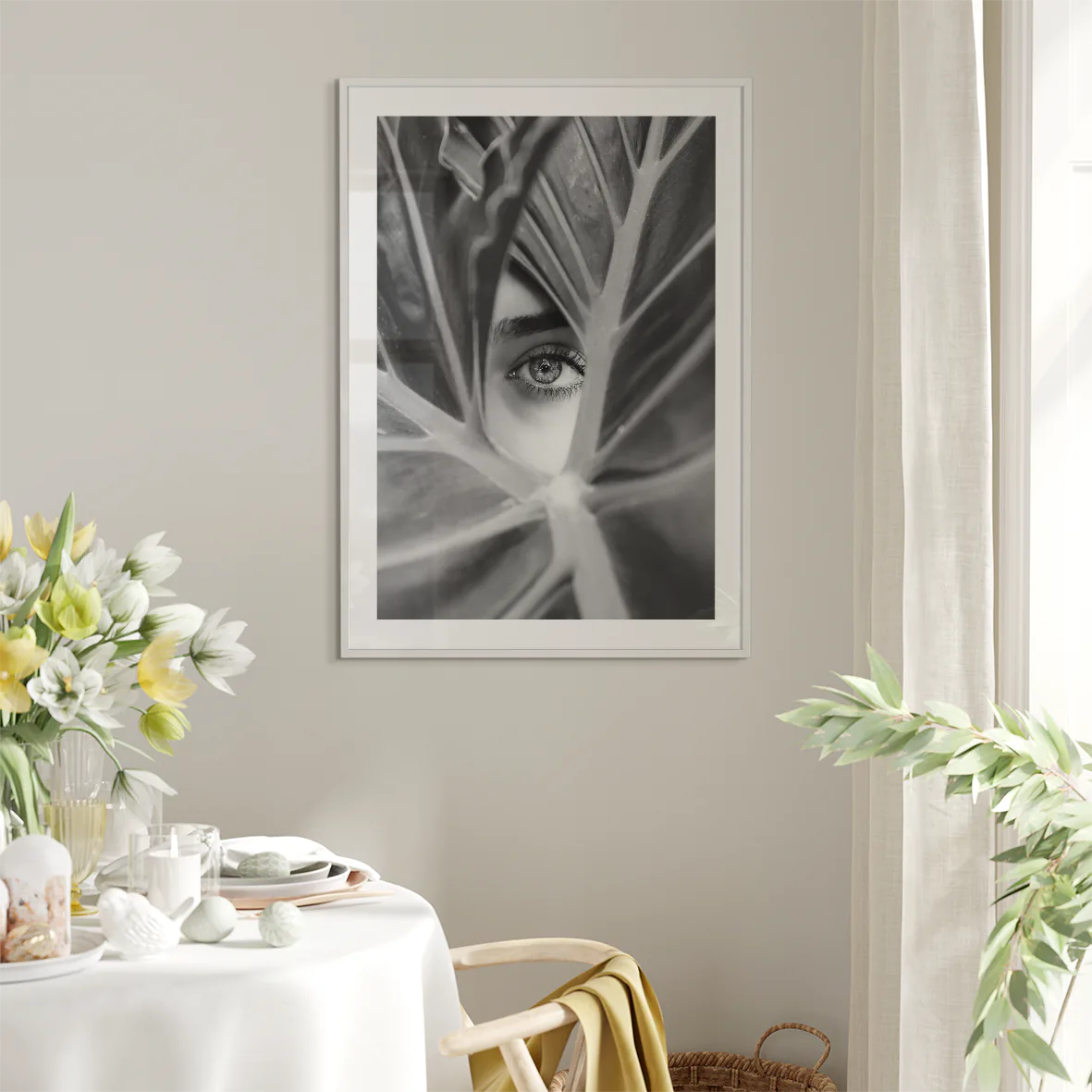 Veiled Vision: Beauty Behind the Leaf, designer fashion print.