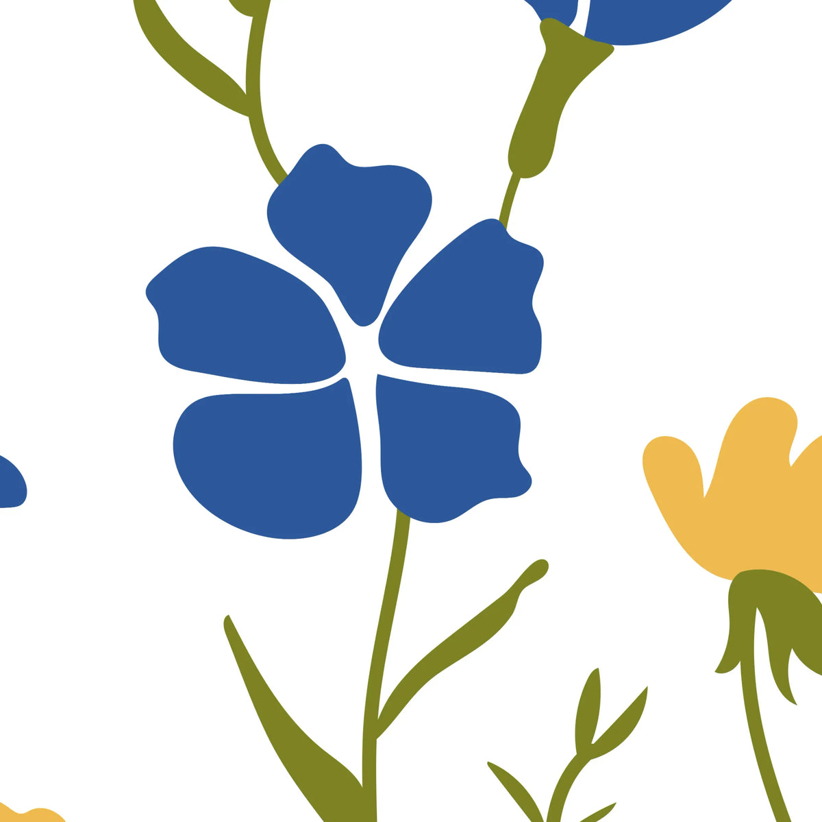 ブルーの花びらとグリーンの茎、黄色い花の平面的な色と形を拡大した画像