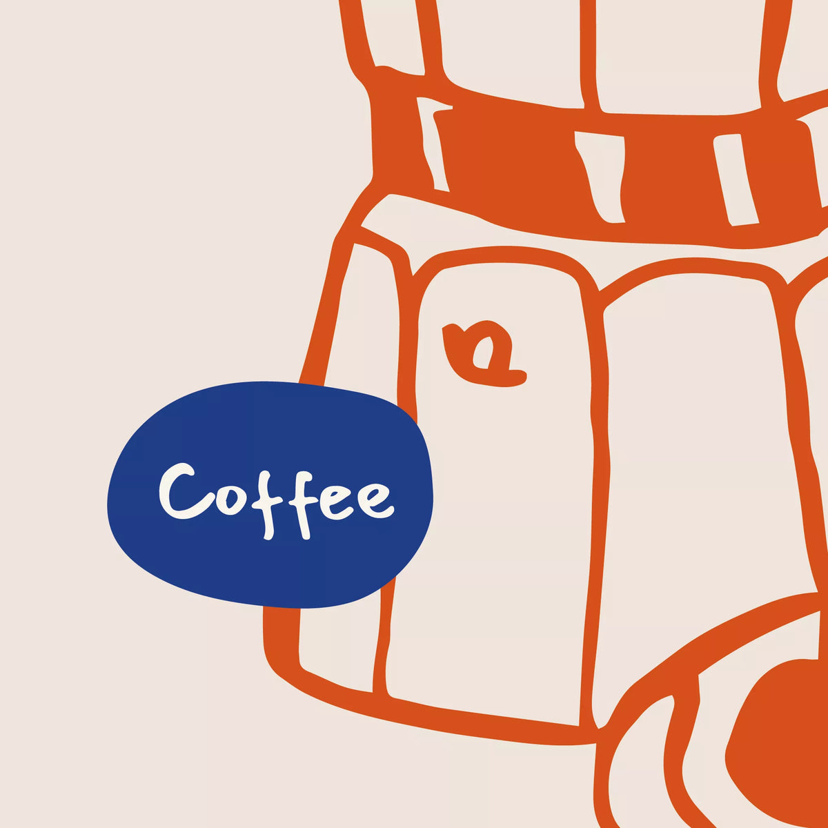 オレンジの線で描いたモカポットと、紺色の楕円に白抜きで入った「Coffee」の文字を写した拡大画像