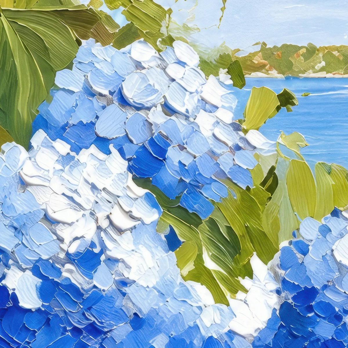 紫陽花の青と白の花びら、緑の葉を描く油彩風の筆タッチの拡大